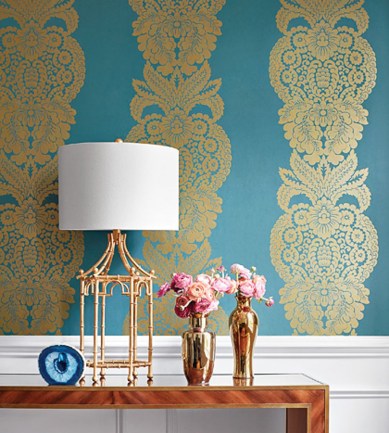 Thibaut Rowan Damask Metallic Gold/Aqua tapéta - Paisley Home